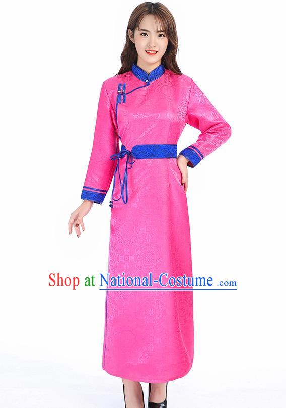 Traditional Chinese Mongol Minority Pink Brocade Mongolian Robe Apparels Ethnic Costume Mongolian Nationality Women Garment Dress