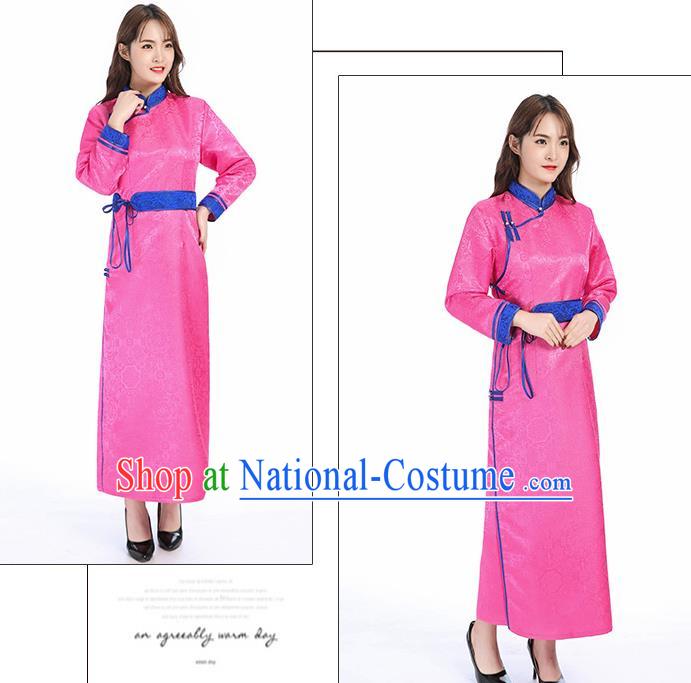 Traditional Chinese Mongol Minority Pink Brocade Mongolian Robe Apparels Ethnic Costume Mongolian Nationality Women Garment Dress