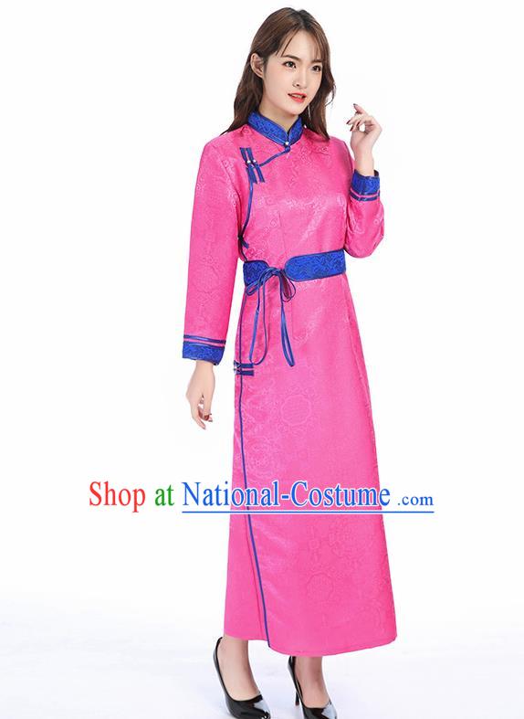 Traditional Chinese Mongol Minority Pink Brocade Mongolian Robe Apparels Ethnic Costume Mongolian Nationality Women Garment Dress