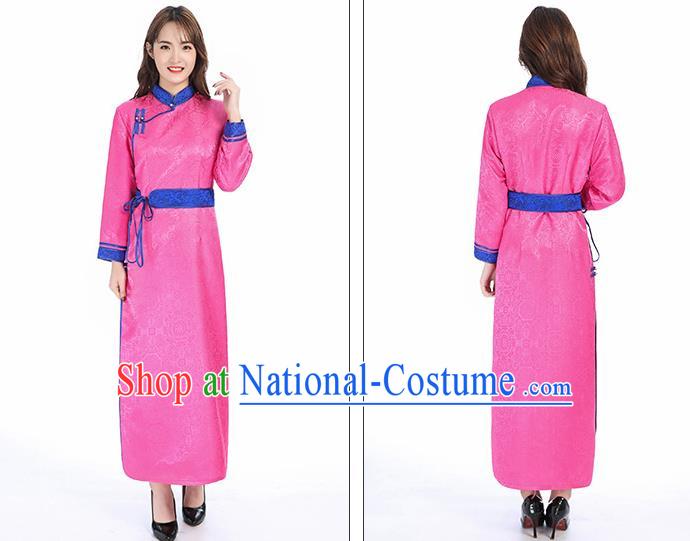 Traditional Chinese Mongol Minority Pink Brocade Mongolian Robe Apparels Ethnic Costume Mongolian Nationality Women Garment Dress