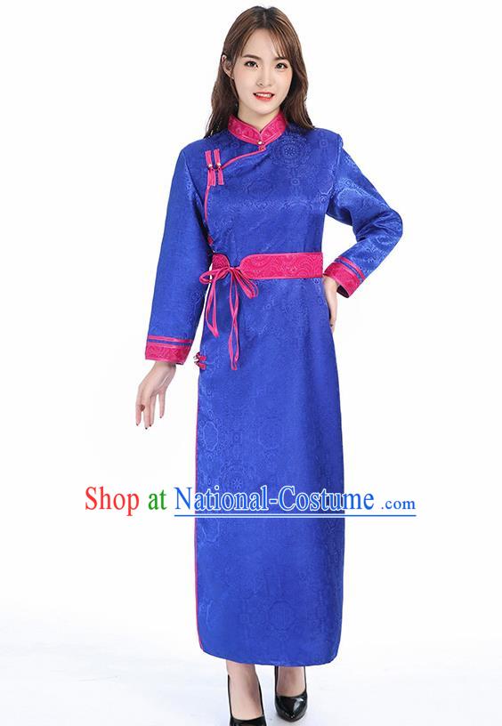 Traditional Chinese Mongol Minority Royalblue Brocade Mongolian Robe Apparels Ethnic Costume Mongolian Nationality Women Garment Dress