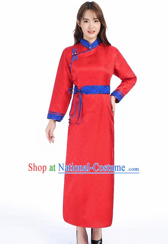 Traditional Chinese Mongol Minority Red Brocade Mongolian Robe Apparels Ethnic Costume Mongolian Nationality Women Garment Dress