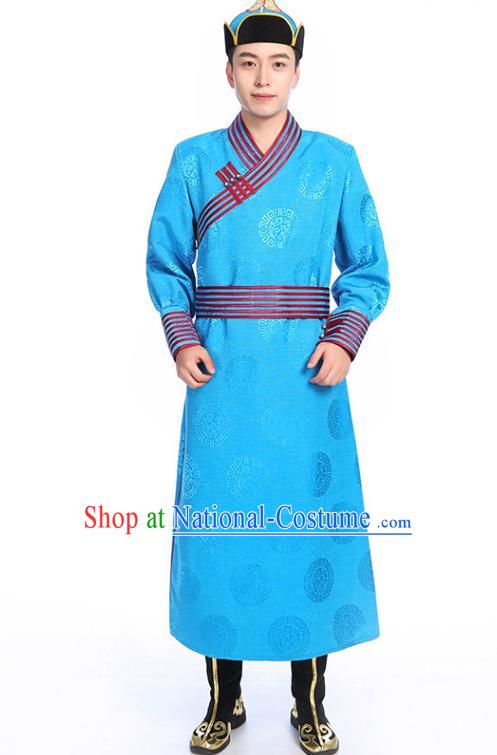 Chinese Traditional Ethnic Blue Mongolian Robe Mongolian Men Dance Garment Mongol Minority Stage Performance Costume