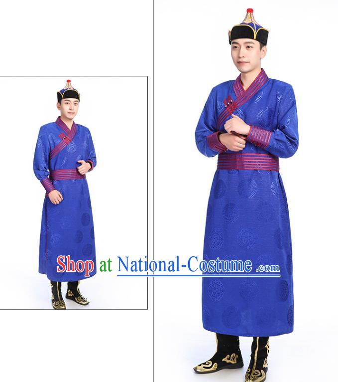 Chinese Traditional Ethnic Royalblue Mongolian Robe Mongolian Men Dance Garment Mongol Minority Stage Performance Costume