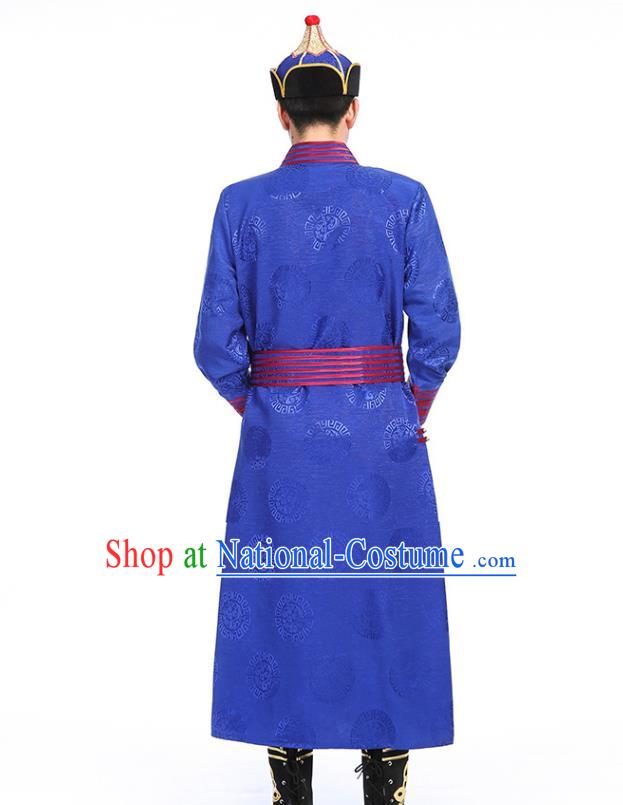 Chinese Traditional Ethnic Royalblue Mongolian Robe Mongolian Men Dance Garment Mongol Minority Stage Performance Costume