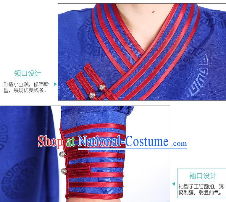 Chinese Traditional Ethnic Royalblue Mongolian Robe Mongolian Men Dance Garment Mongol Minority Stage Performance Costume