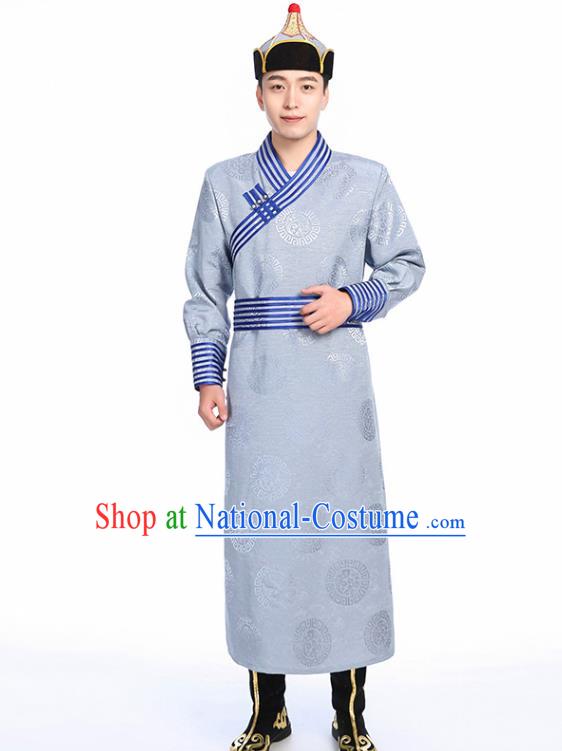 Chinese Traditional Ethnic Grey Mongolian Robe Mongolian Men Dance Garment Mongol Minority Stage Performance Costume