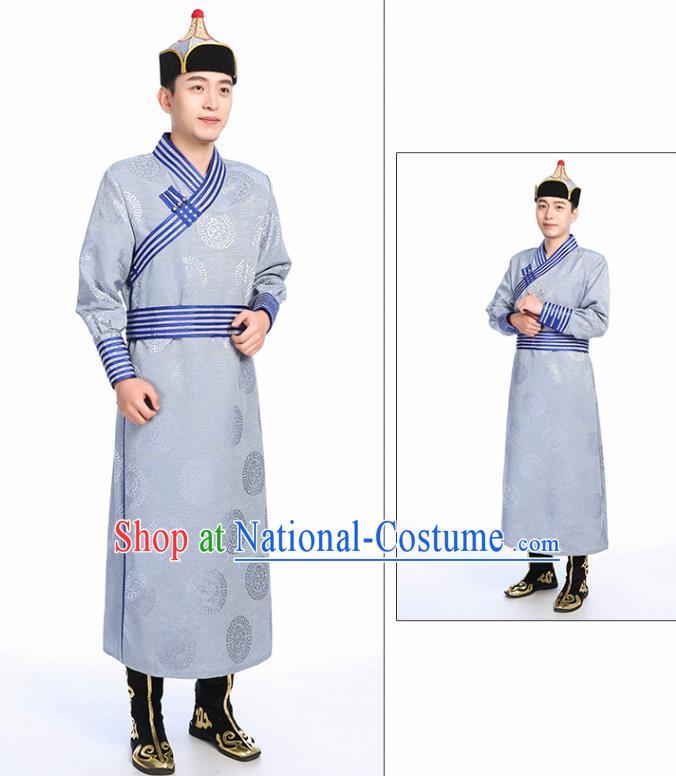 Chinese Traditional Ethnic Grey Mongolian Robe Mongolian Men Dance Garment Mongol Minority Stage Performance Costume