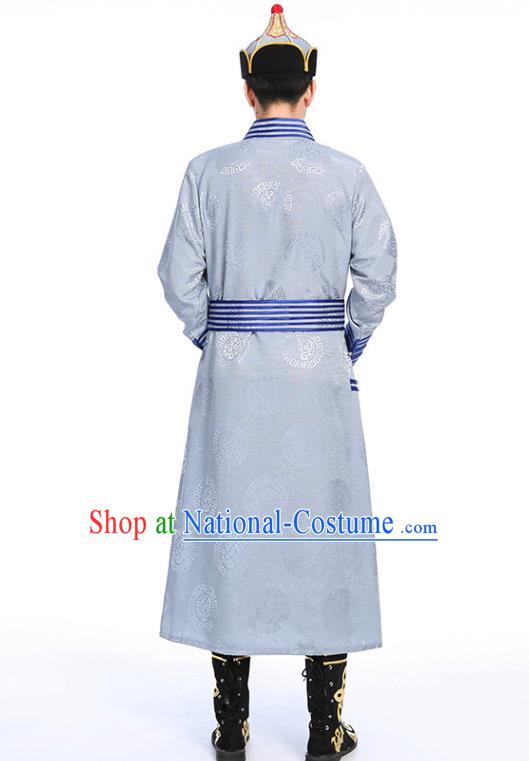 Chinese Traditional Ethnic Grey Mongolian Robe Mongolian Men Dance Garment Mongol Minority Stage Performance Costume