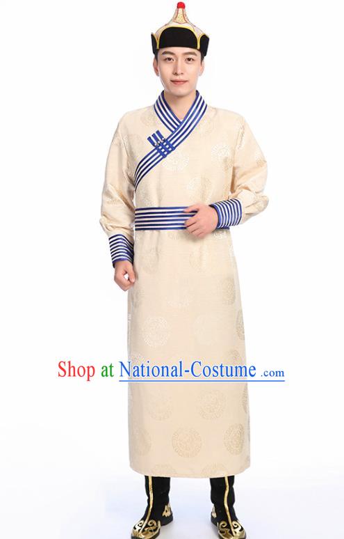 Chinese Traditional Ethnic Beige Mongolian Robe Mongolian Men Dance Garment Mongol Minority Stage Performance Costume