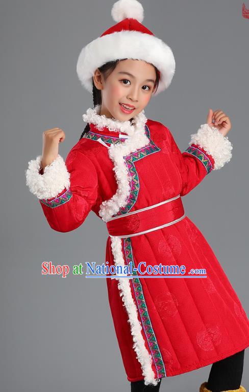 Traditional Chinese Mongol Minority Kids Red Mongolian Robe Winter Apparels Ethnic Costume Mongolian Nationality Children Garment