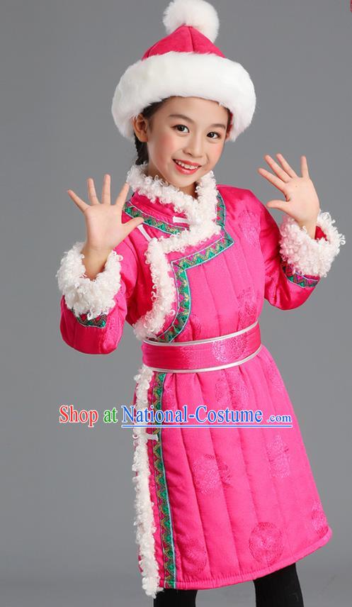 Traditional Chinese Mongol Minority Kids Pink Mongolian Robe Winter Apparels Ethnic Costume Mongolian Nationality Children Garment