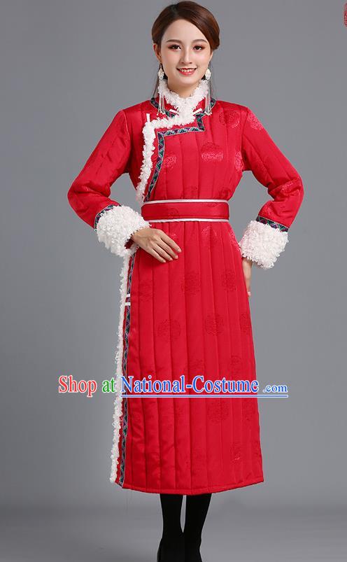 Traditional Chinese Mongol Minority Women Red Mongolian Robe Apparels Ethnic Costume Mongolian Nationality Winter Garment