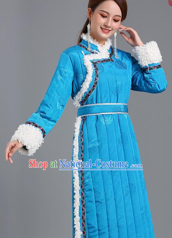 Traditional Chinese Mongol Minority Women Blue Mongolian Robe Apparels Ethnic Costume Mongolian Nationality Winter Garment