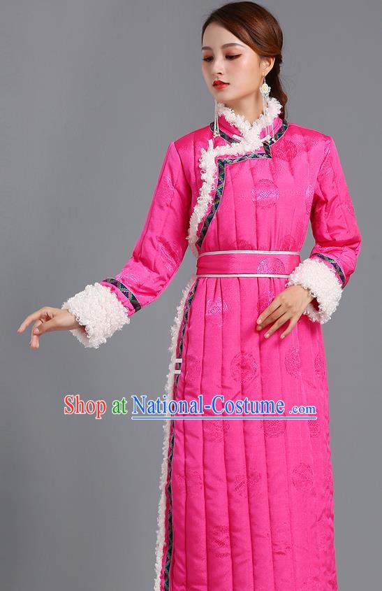 Traditional Chinese Mongol Minority Women Pink Mongolian Robe Apparels Ethnic Costume Mongolian Nationality Winter Garment