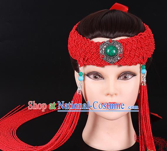 Traditional Chinese Mongol Minority Women Hair Accessories Mongolian Ethnic Dance Red Beads Tassel Hair Clasp