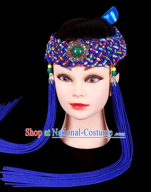 Traditional Chinese Mongol Minority Women Hair Accessories Mongolian Ethnic Dance Royalblue Beads Tassel Hair Clasp