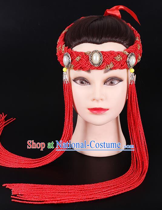 Traditional Chinese Mongol Minority Red Beads Tassel Hair Accessories Mongolian Ethnic Women Dance Hair Clasp