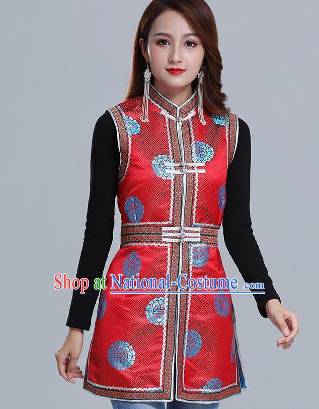 Traditional Chinese Ethnic Women Red Brocade Vest Apparels Mongol Minority Garment Nationality Folk Dance Costume