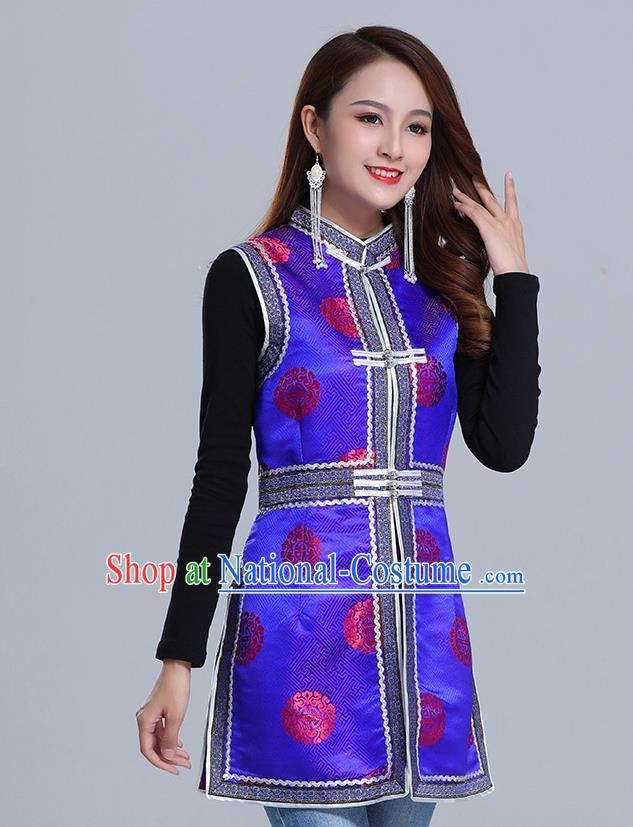 Traditional Chinese Ethnic Women Royalblue Brocade Vest Apparels Mongol Minority Garment Nationality Folk Dance Costume