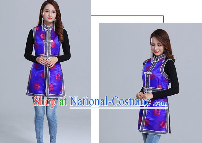 Traditional Chinese Ethnic Women Royalblue Brocade Vest Apparels Mongol Minority Garment Nationality Folk Dance Costume