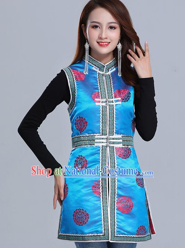 Traditional Chinese Ethnic Women Blue Brocade Vest Apparels Mongol Minority Garment Nationality Folk Dance Costume