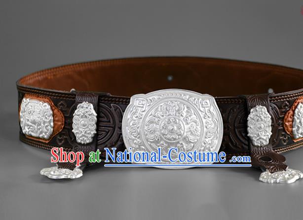 Traditional Chinese Mongol Minority Deep Brown Leather Belt Mongolian Ethnic Folk Dance Waistband for Men