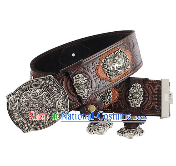 Traditional Chinese Mongol Minority Brown Leather Belt Mongolian Ethnic Folk Dance Waistband for Men