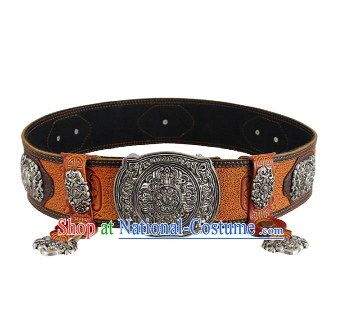 Traditional Chinese Mongol Minority Orange Leather Belt Mongolian Ethnic Folk Dance Waistband for Men