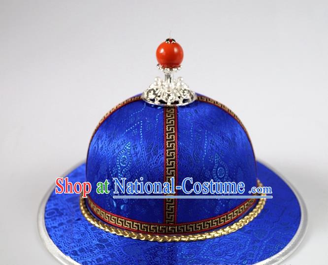 Traditional Chinese Mongol Minority Children Royalblue Brocade Hat Mongolian Ethnic Dance Performance Headwear for Kids