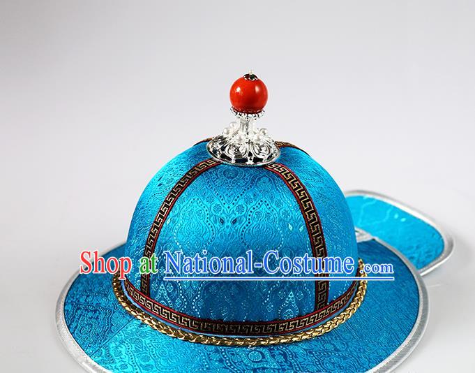 Traditional Chinese Mongol Minority Children Blue Brocade Hat Mongolian Ethnic Dance Performance Headwear for Kids