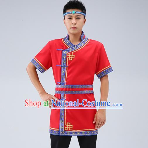 Chinese Traditional Ethnic Red Short Sleeve Shirt Mongolian Dance Upper Outer Garment Mongol Minority Men Costume