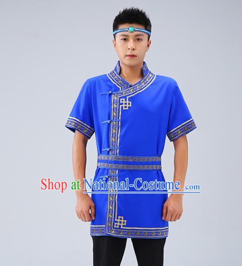 Chinese Traditional Ethnic Royalblue Short Sleeve Shirt Mongolian Dance Upper Outer Garment Mongol Minority Men Costume