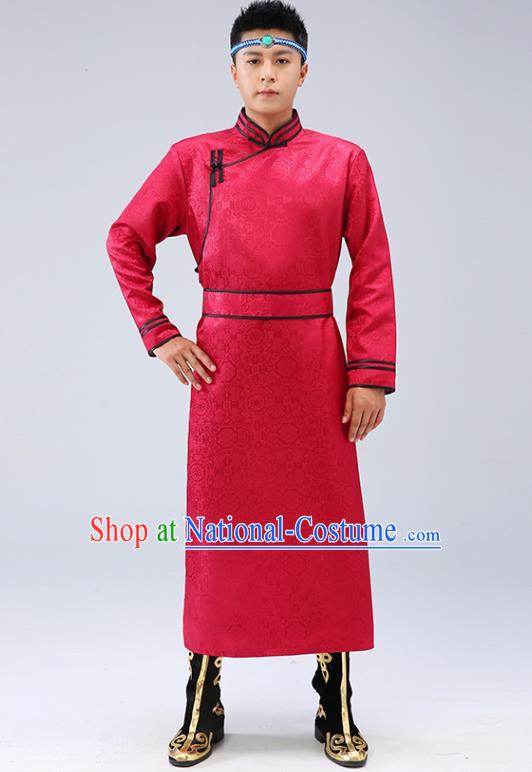 Chinese Traditional Men Red Brocade Mongolian Robe Ethnic Dance Garment Mongol Minority Wedding Costume