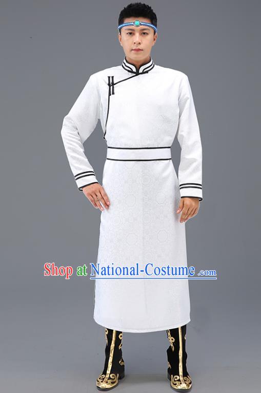 Chinese Traditional Men White Brocade Mongolian Robe Ethnic Dance Garment Mongol Minority Wedding Costume