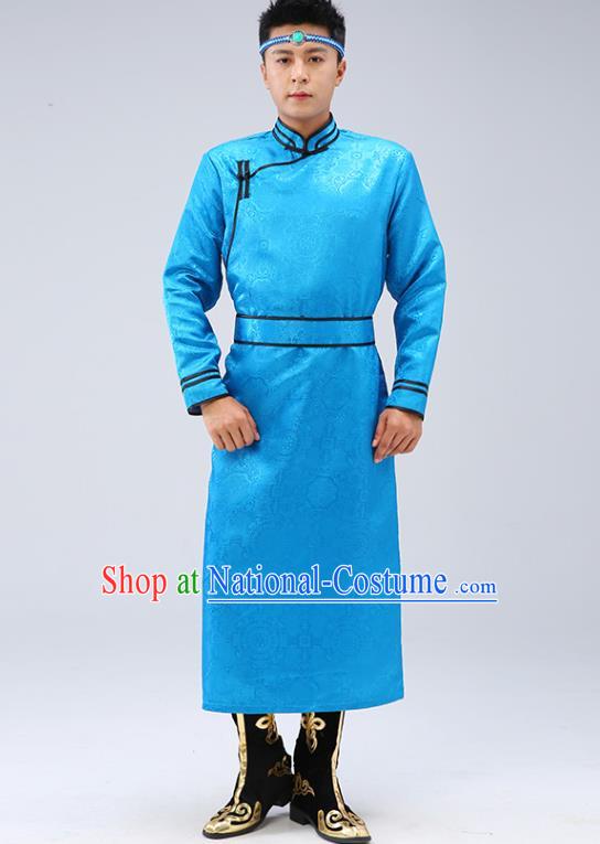 Chinese Traditional Men Blue Brocade Mongolian Robe Ethnic Dance Garment Mongol Minority Wedding Costume