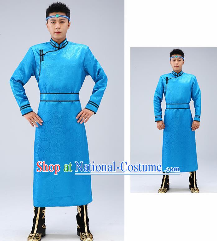 Chinese Traditional Men Blue Brocade Mongolian Robe Ethnic Dance Garment Mongol Minority Wedding Costume