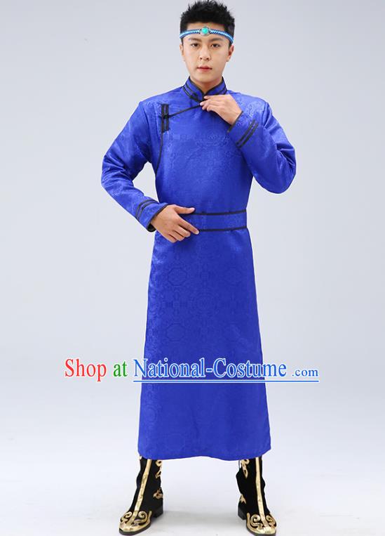 Chinese Traditional Men Royalblue Brocade Mongolian Robe Ethnic Dance Garment Mongol Minority Wedding Costume