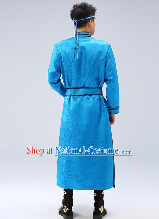 Chinese Traditional Men Blue Brocade Mongolian Robe Ethnic Dance Garment Mongol Minority Wedding Costume