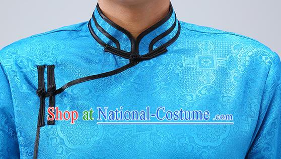 Chinese Traditional Men Blue Brocade Mongolian Robe Ethnic Dance Garment Mongol Minority Wedding Costume