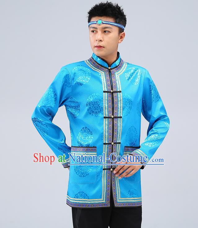 Chinese Traditional Mongolian Men Blue Brocade Shirt Mongol Minority Costume Ethnic Dance Upper Outer Garment