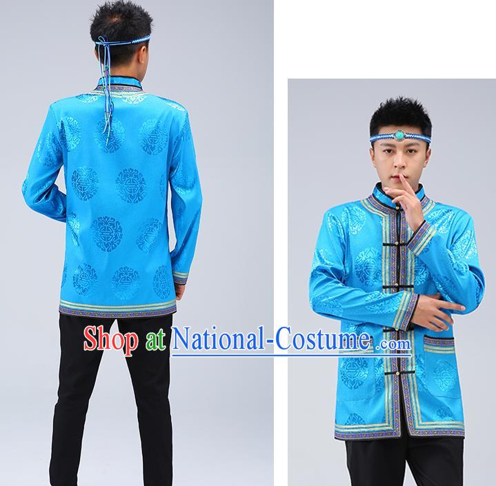 Chinese Traditional Mongolian Men Blue Brocade Shirt Mongol Minority Costume Ethnic Dance Upper Outer Garment