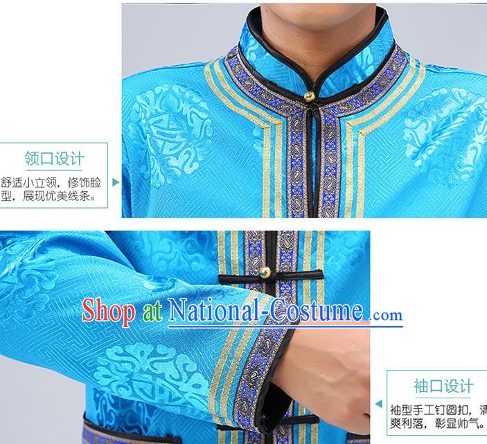 Chinese Traditional Mongolian Men Blue Brocade Shirt Mongol Minority Costume Ethnic Dance Upper Outer Garment