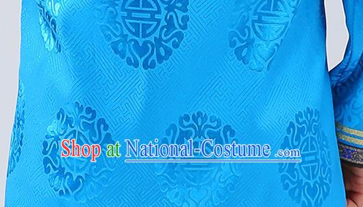 Chinese Traditional Mongolian Men Blue Brocade Shirt Mongol Minority Costume Ethnic Dance Upper Outer Garment