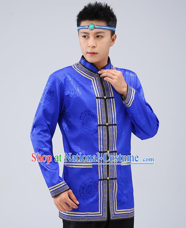 Chinese Traditional Mongolian Men Royalblue Brocade Shirt Mongol Minority Costume Ethnic Dance Upper Outer Garment