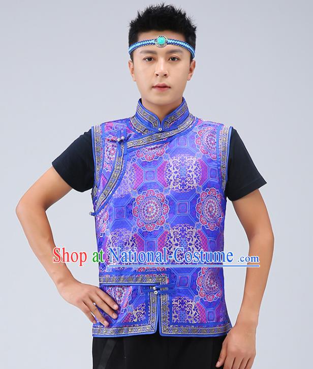 Chinese Traditional Mongol Minority Royalblue Brocade Vest Mongolian Costume Ethnic Men Upper Outer Garment Waistcoat