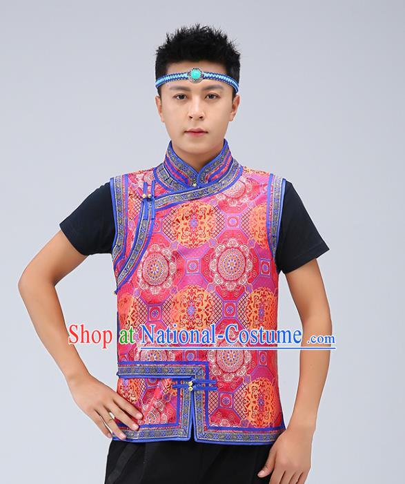 Chinese Traditional Mongol Minority Red Brocade Vest Mongolian Costume Ethnic Men Upper Outer Garment Waistcoat