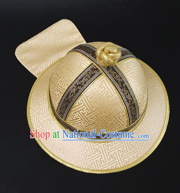 Traditional Chinese Mongol Minority Light Golden Brocade Hat Mongolian Ethnic Royal Highness Headwear for Men