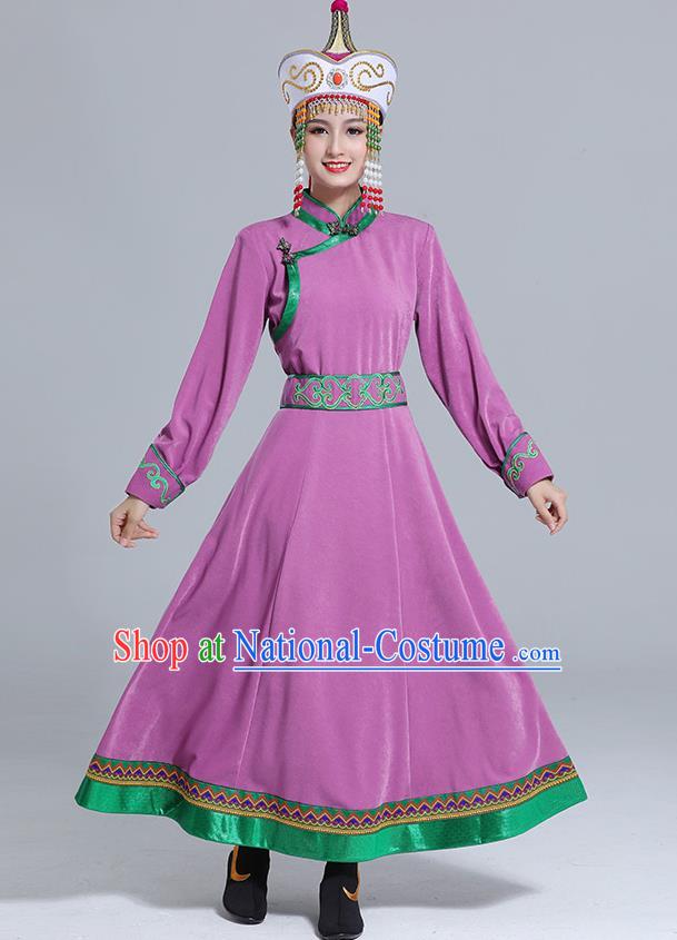 Traditional Chinese Mongol Minority Wedding Mongolian Robe Dance Apparels Mongolian Nationality Costume Ethnic Women Purple Dress Garment