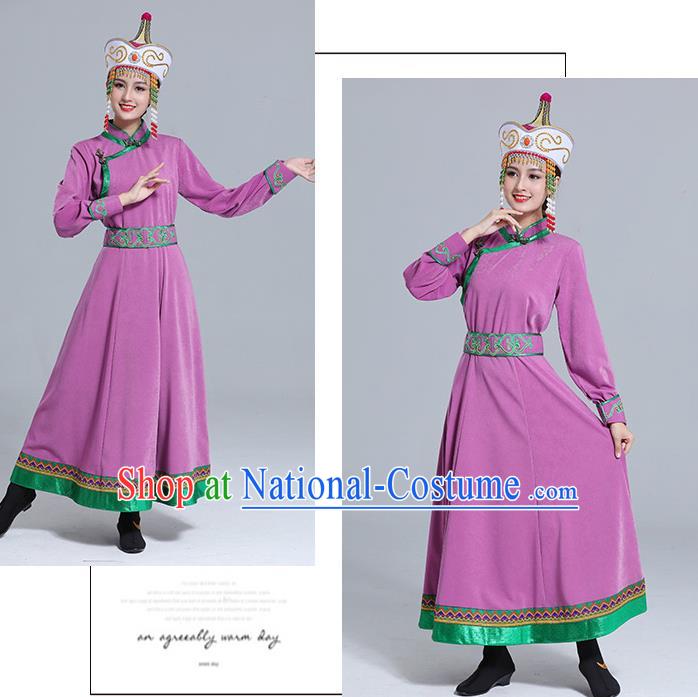 Traditional Chinese Mongol Minority Wedding Mongolian Robe Dance Apparels Mongolian Nationality Costume Ethnic Women Purple Dress Garment